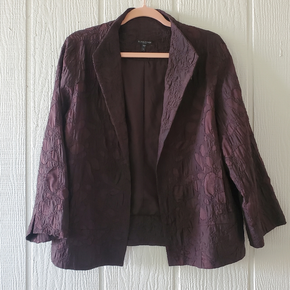 Eileen Fisher Petite Purple Brown Silk Open Jacket Pockets Large